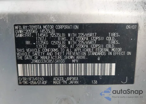 2008 Toyota Rav4 из США, поврежденный, VIN JTMBD33V385134103